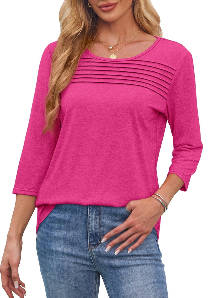 Women's 3/4 sleeve pleated scoop neck top, perfect for casual everyday wear or stylish office fashion.