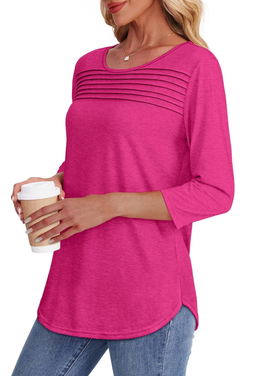 Comfortable women's 3/4 sleeve pleated top with scoop neck, ideal for spring & summer casual style.