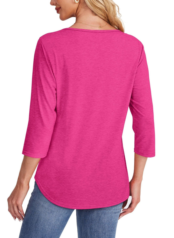 Stylish women's 3/4 sleeve top featuring pleated details & scoop neck, a versatile everyday blouse.