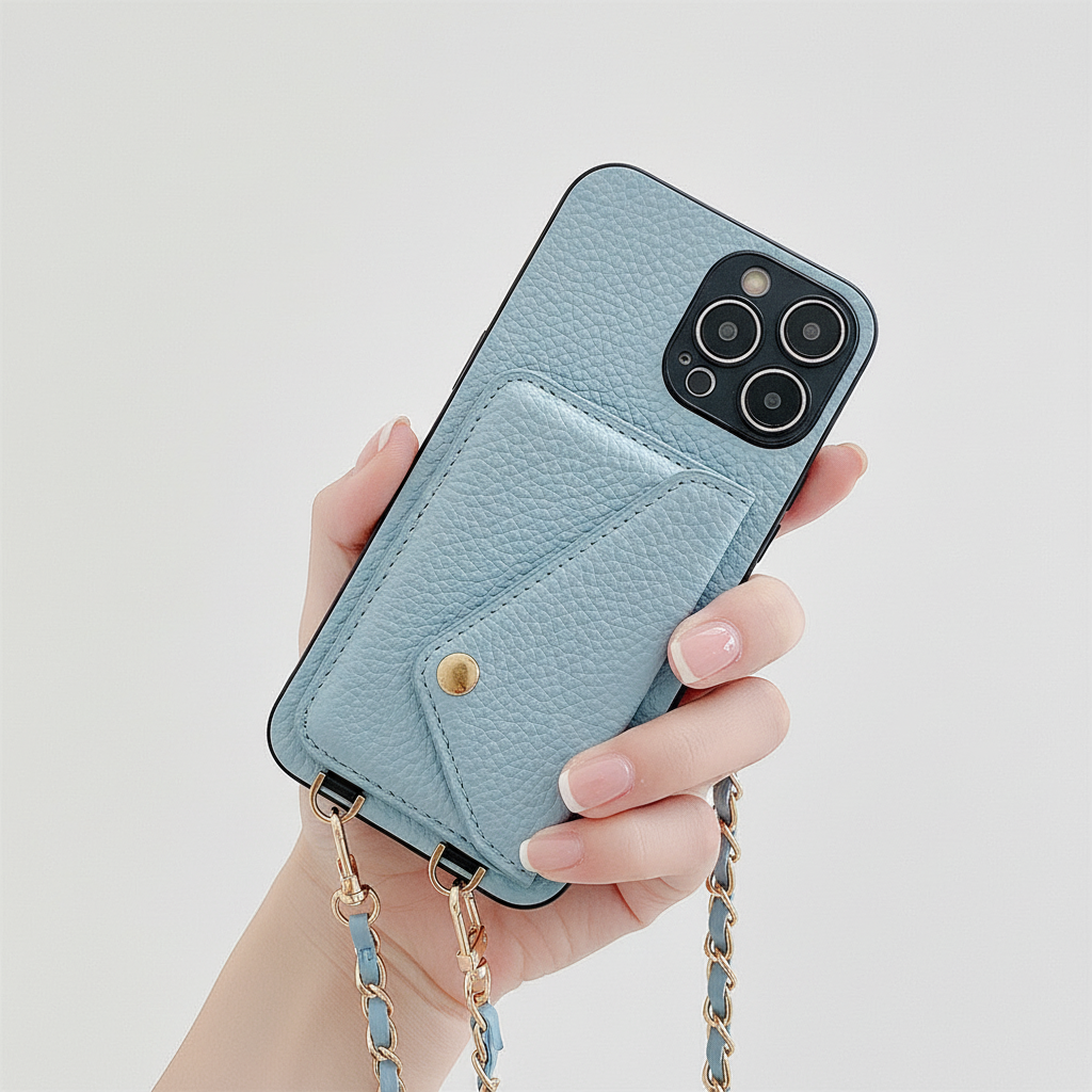 Stylish PU leather wallet phone case, black, with card slots & magnetic closure.