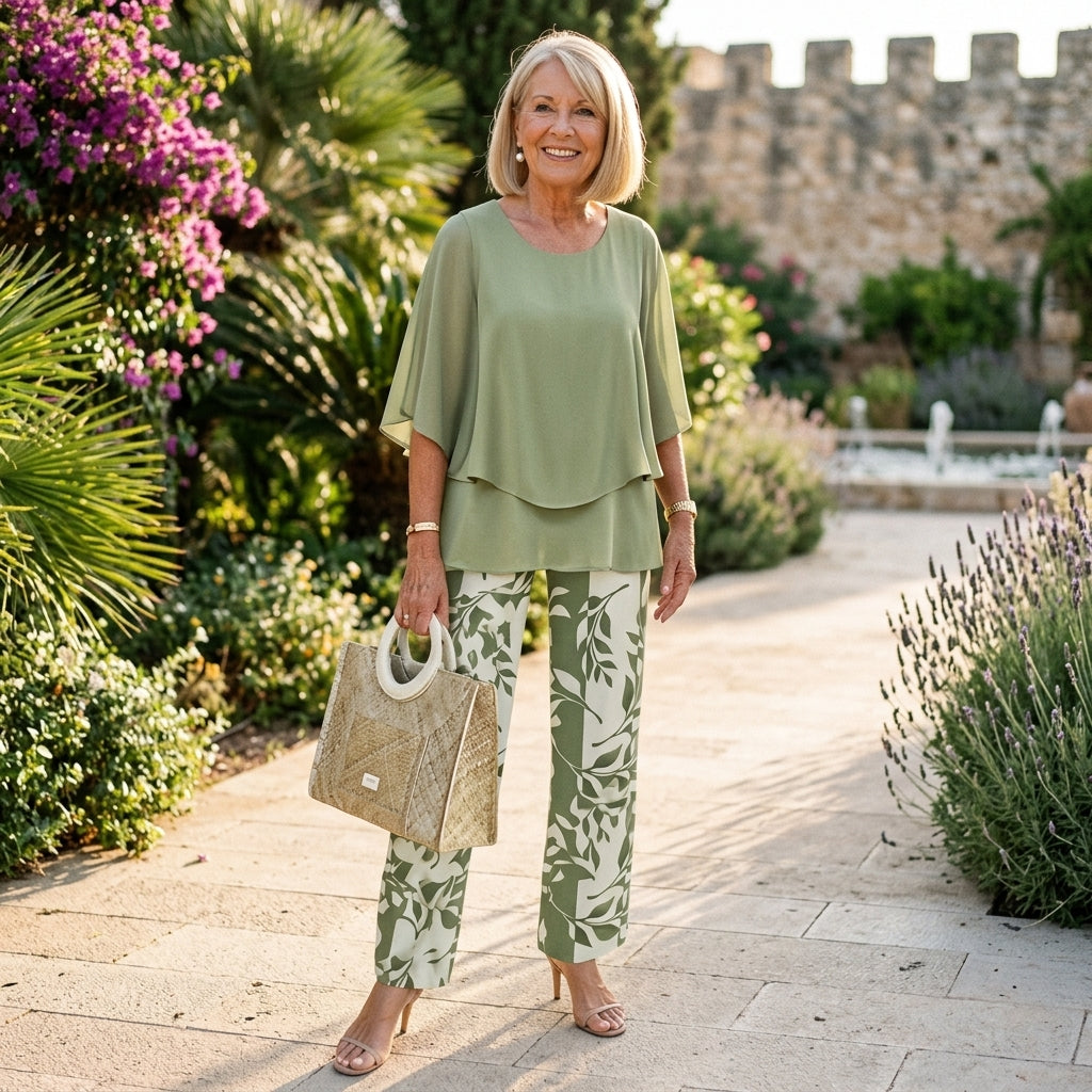Chic sky blue women's top & trousers set. Sophisticated, relaxed fit for elegant summer wear.