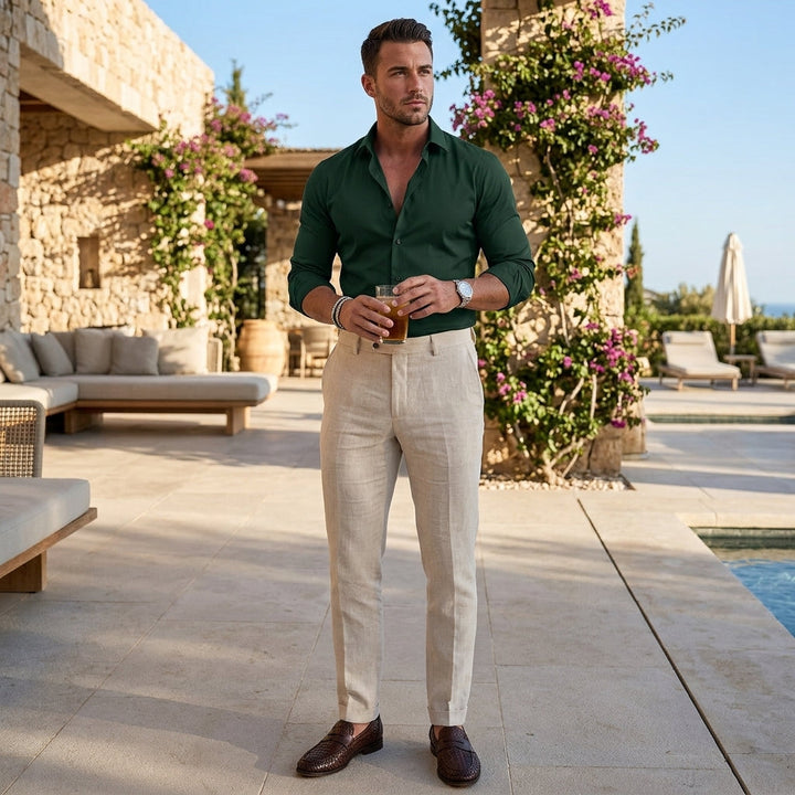 Modern men's slim-fit long-sleeve shirt, tailored for a sleek and stylish look.