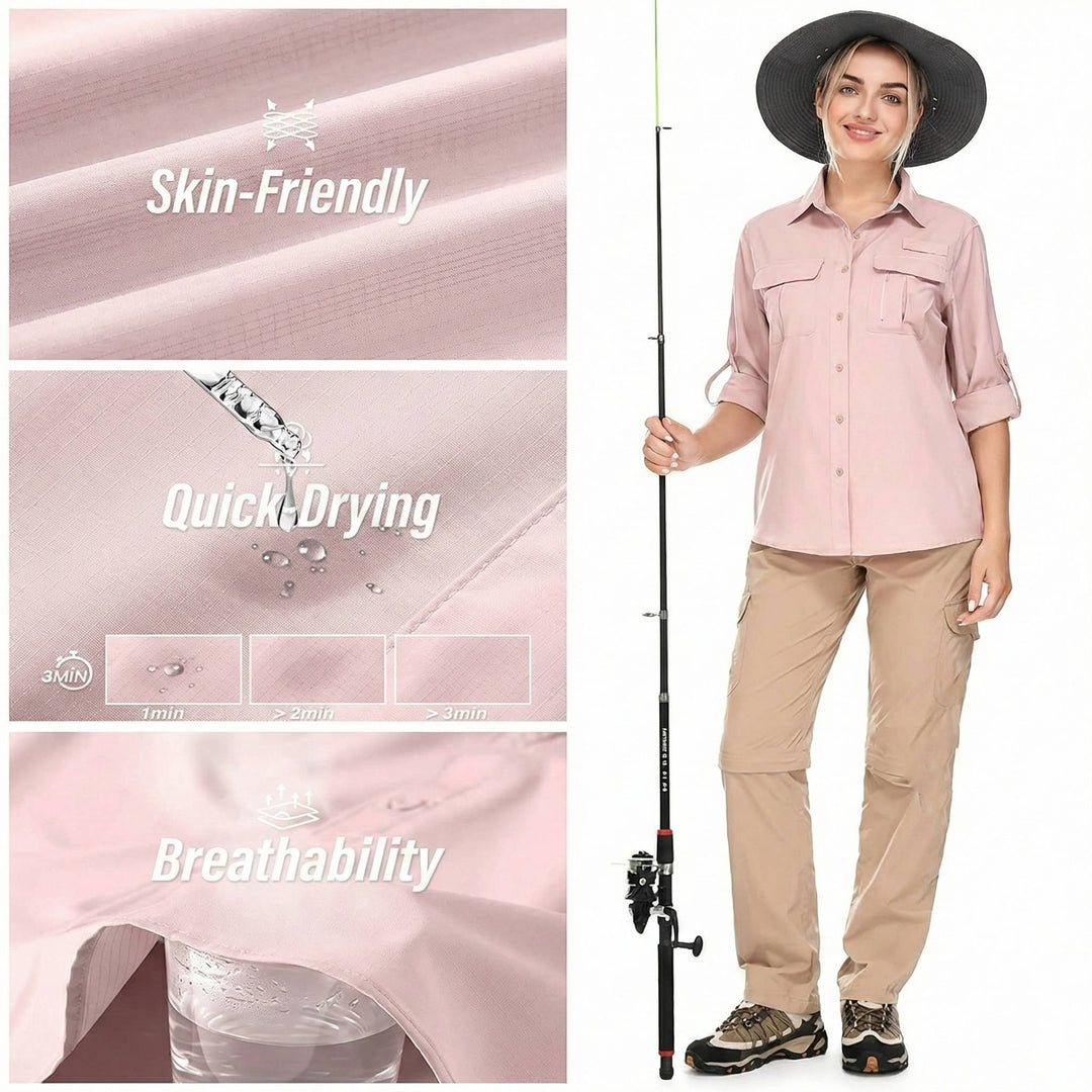 Woman enjoying hike in a UPF 50 long sleeve sun protection shirt, perfect for outdoor adventure.