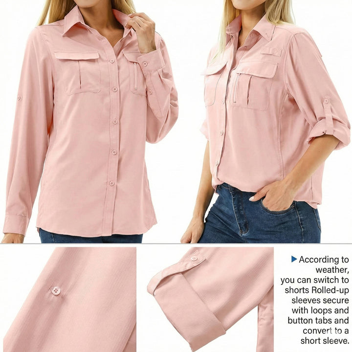 Breathable women's UPF 50 long sleeve activewear shirt, comfortable for hiking, travel, and sun protection.