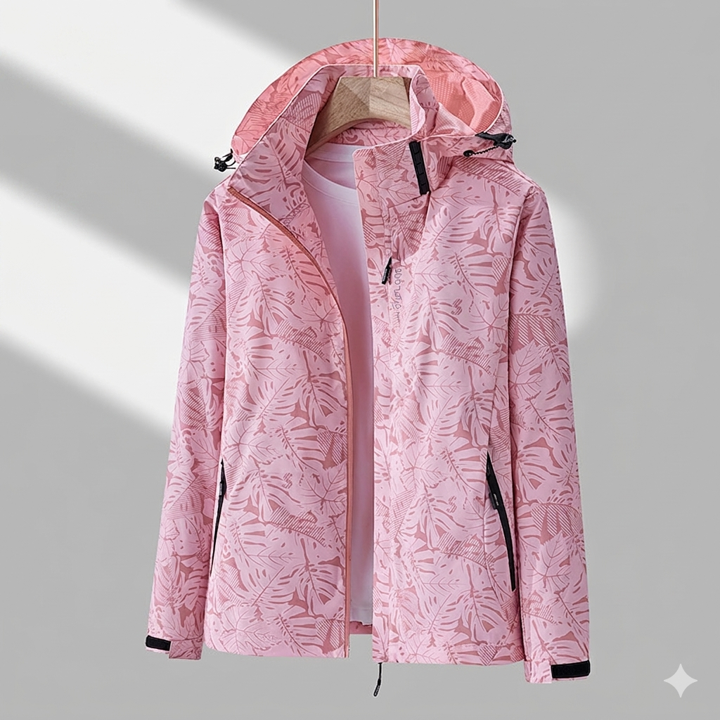 Breathable hooded women's waterproof jacket, perfect activewear for all seasons.