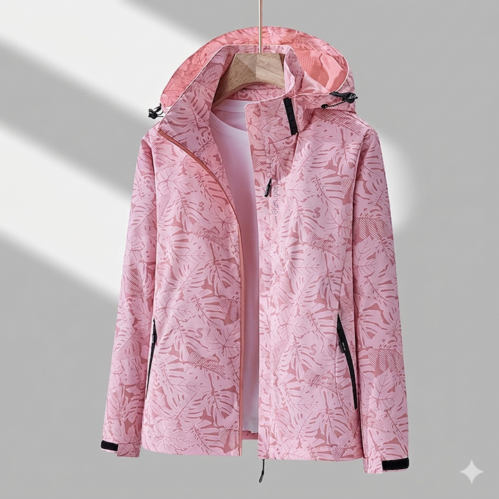 Breathable hooded women's waterproof jacket, perfect activewear for all seasons.