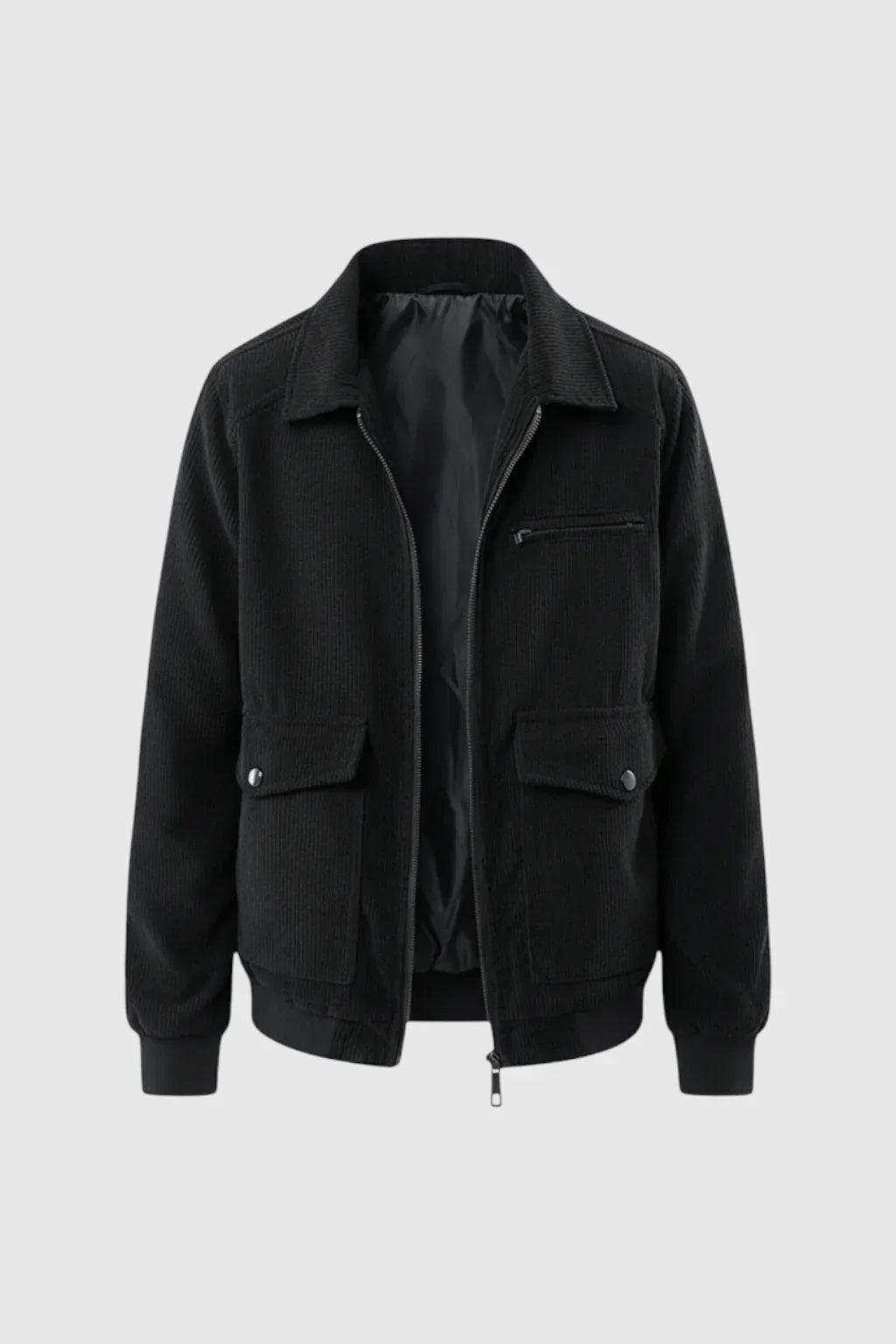 Black men's corduroy jacket, stylish classic outerwear with buttons, perfect for casual fall & spring looks.