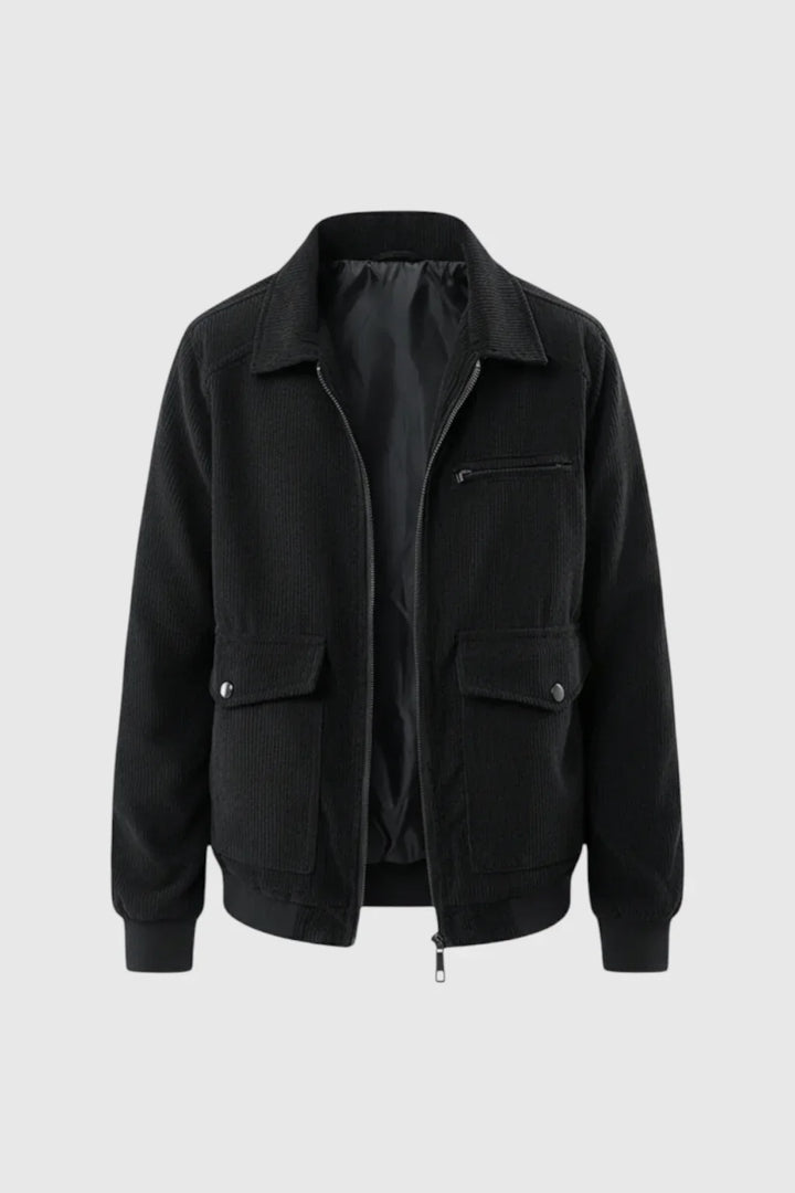 Black men's corduroy jacket, stylish classic outerwear with buttons, perfect for casual fall & spring looks.