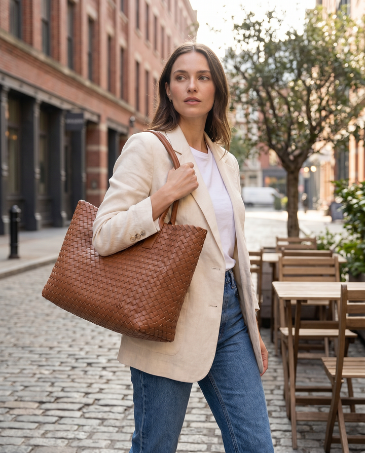 Spacious women's handwoven leather tote, ideal for daily essentials. Chic and durable genuine leather handbag.