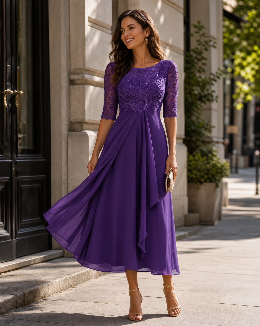 Intricate lace bodice women's midi dress with a flowy skirt, ideal for evening parties & cocktails.