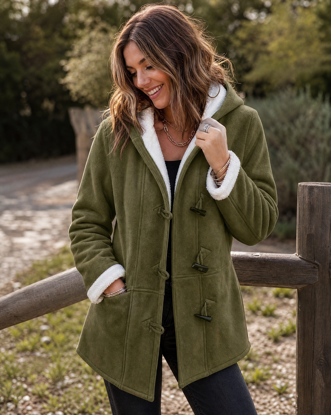 Women's warm hooded winter toggle coat, perfect for cozy outerwear and casual style.