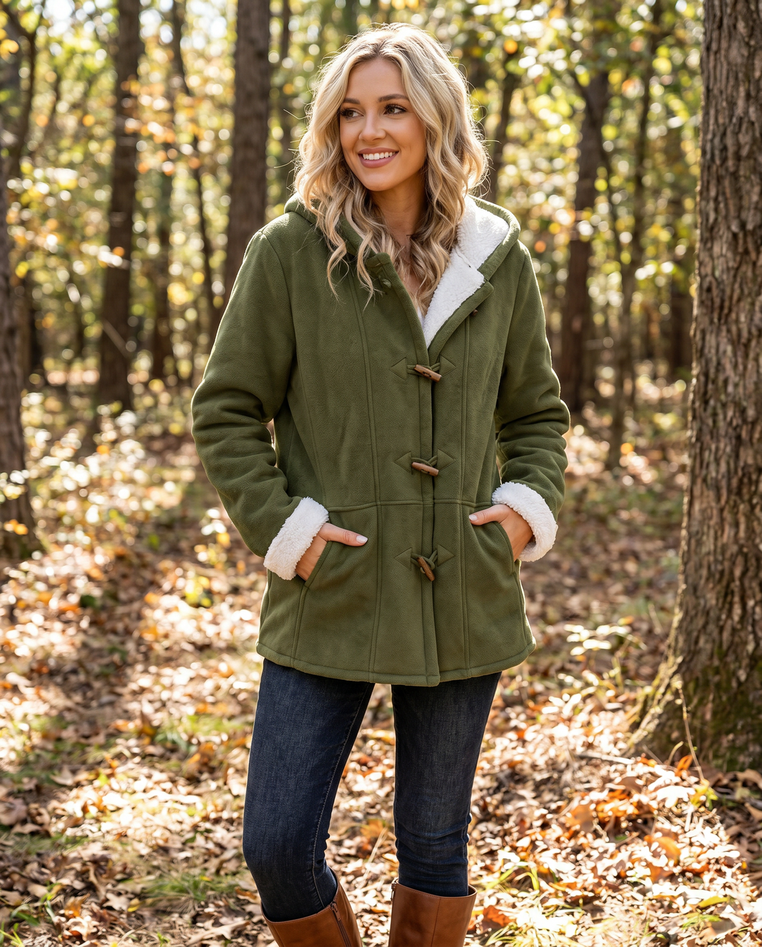 Cozy hooded toggle winter coat for women, offering a relaxed fit and ultimate warmth.