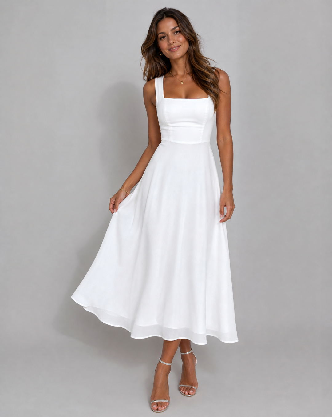 Chic A-line summer midi dress for women, versatile for wedding guests, formal events, and parties.