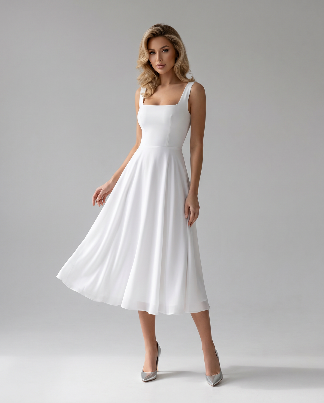 Elegant A-line midi dress for women, perfect as a summer wedding guest or formal party attire.