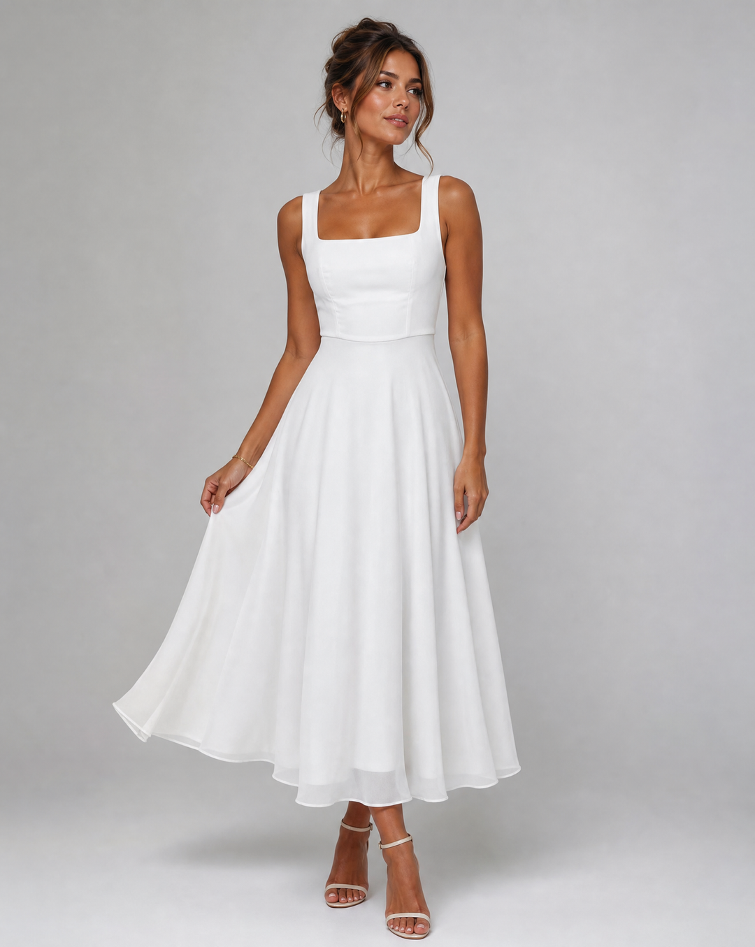Flattering A-line silhouette summer midi dress, perfect for women attending weddings, parties, or formal events.