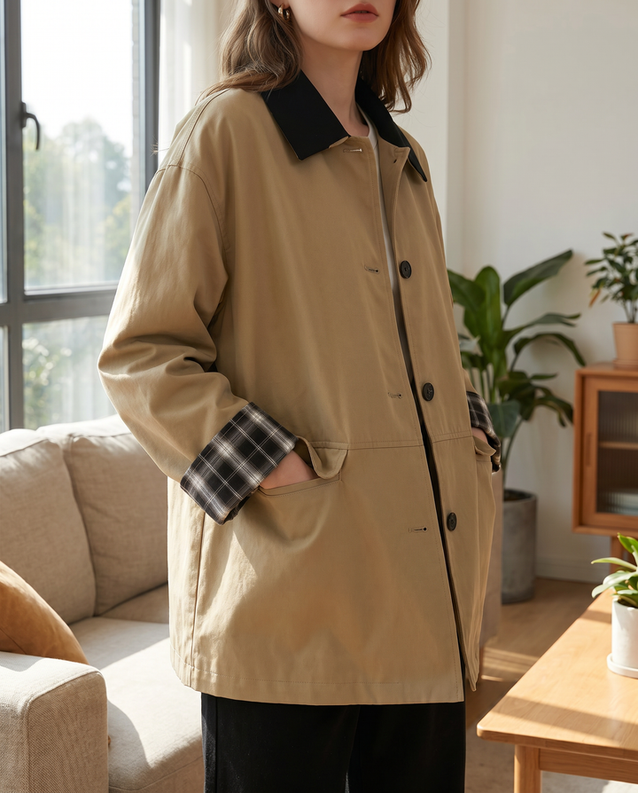 Casual women's button-up jacket in dark beige with eye-catching contrast trim, perfect for everyday chic style.