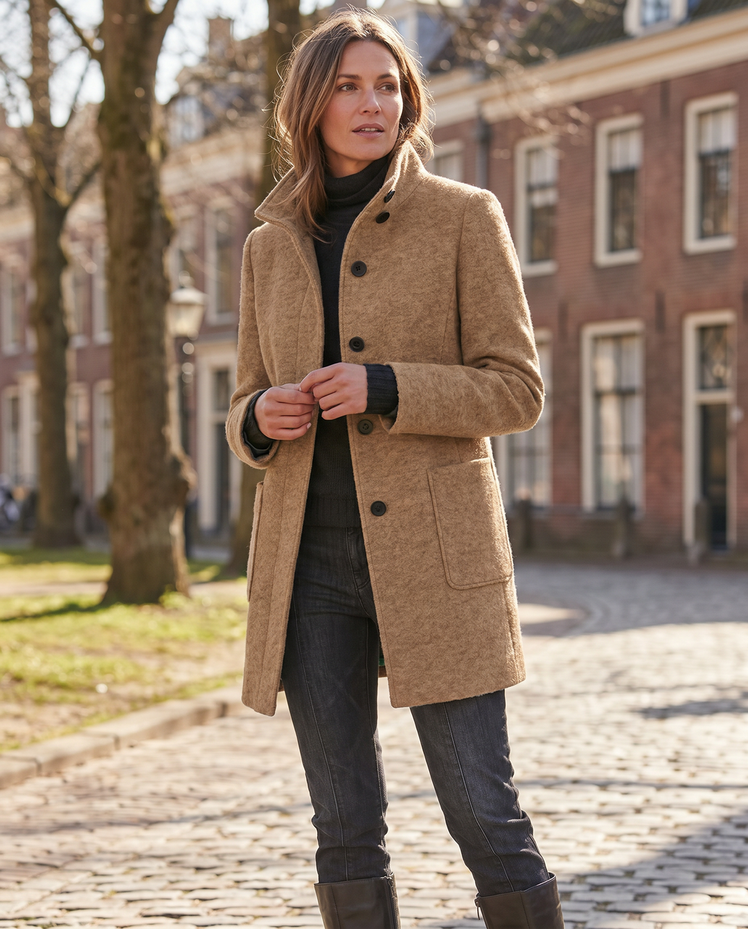 Cozy women's stand collar jacket, a retro outerwear piece for elegant autumn winter style.
