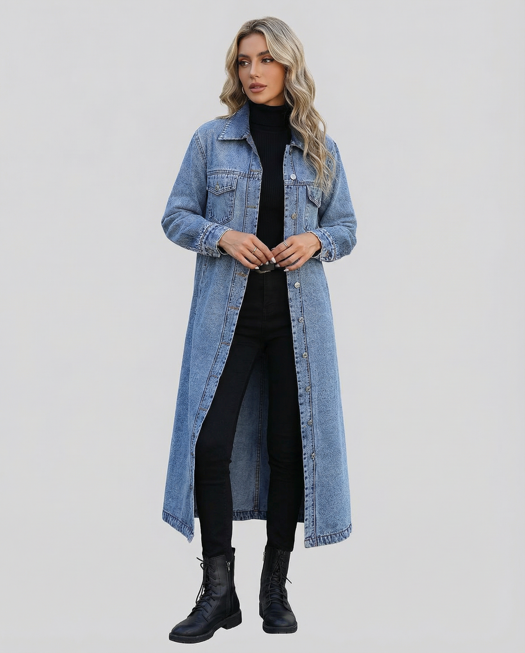 Women's oversized long button-down coat. Chic & versatile for transitional seasons.