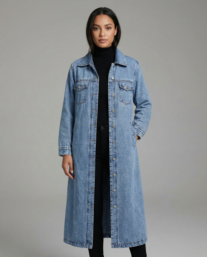 Modern women's long oversized coat with button-down front & classic collar.