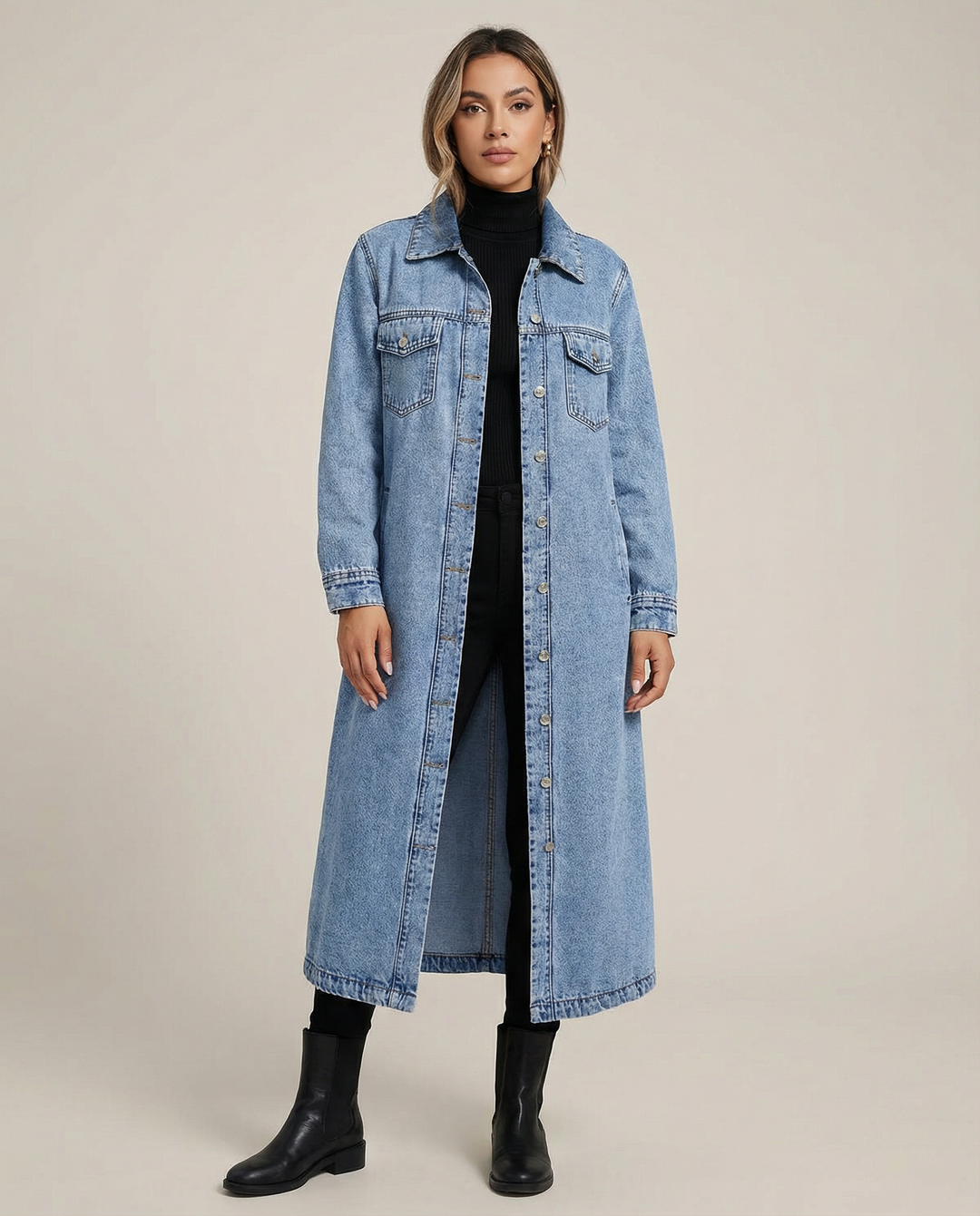 Elegant oversized women's long coat, perfect layering piece for chic transitional fashion.
