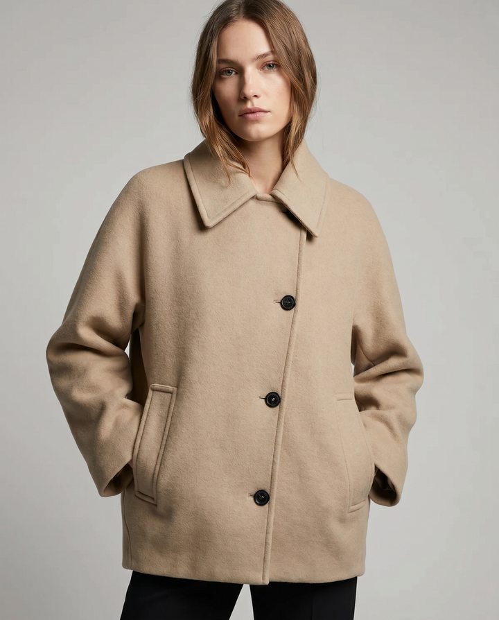 Women's elegant short coat jacket, perfect for fall fashion & sophisticated layering.