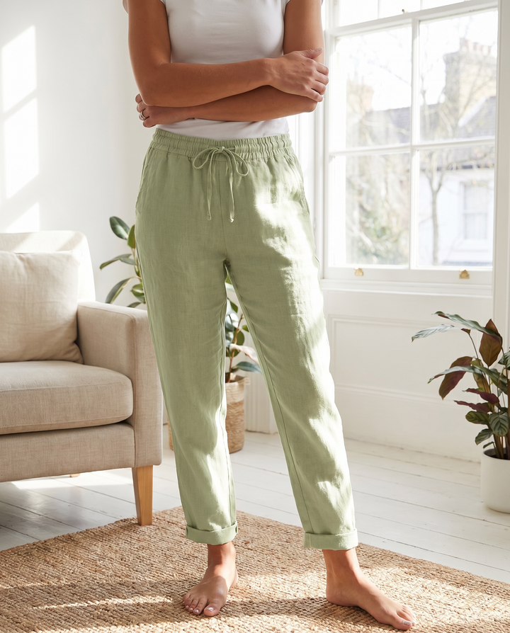 Women's lightweight linen trousers with elastic waist & drawstring. Perfect for summer comfort & casual wear.