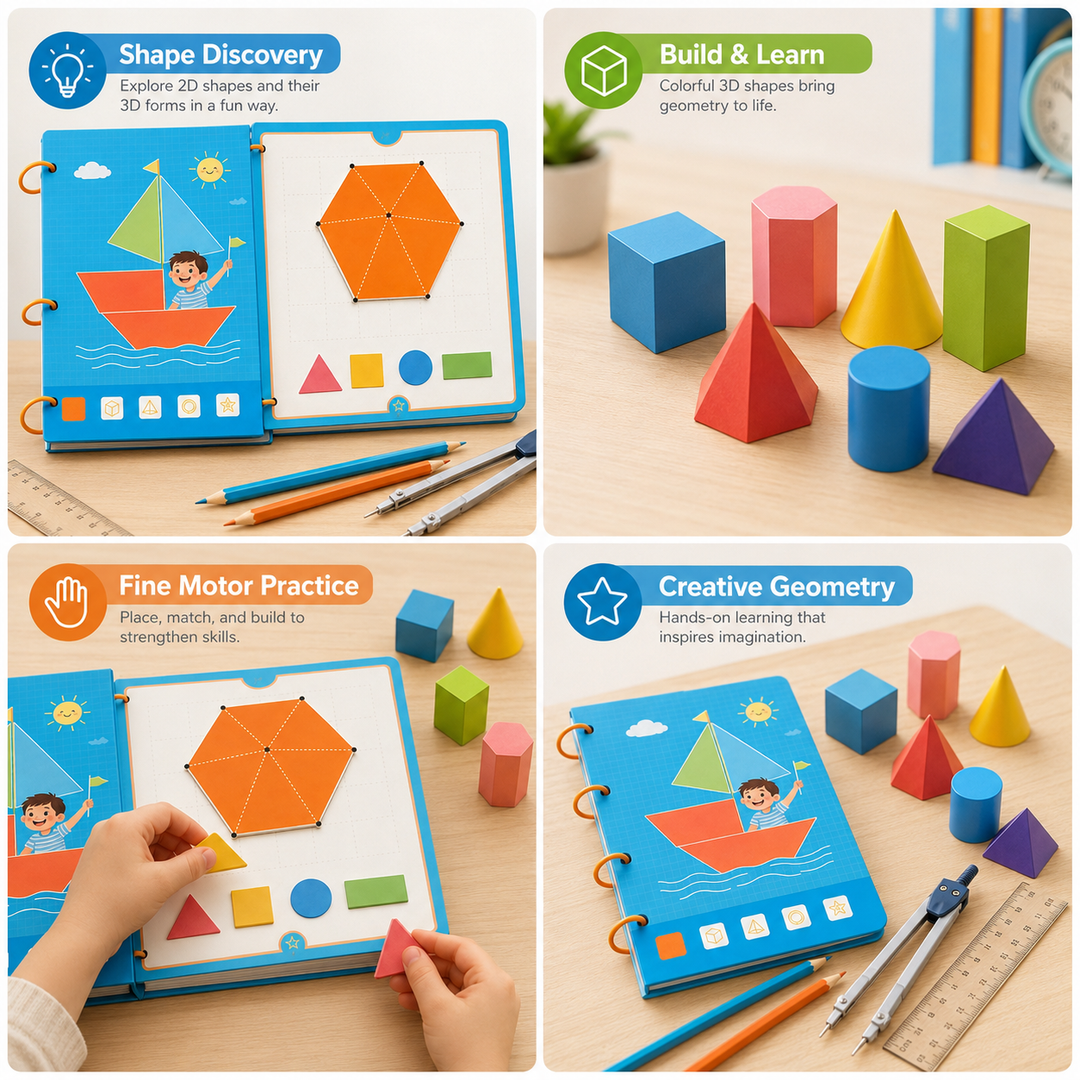 Children's interactive geometry learning toy book, perfect for hands-on math education & shape recognition.