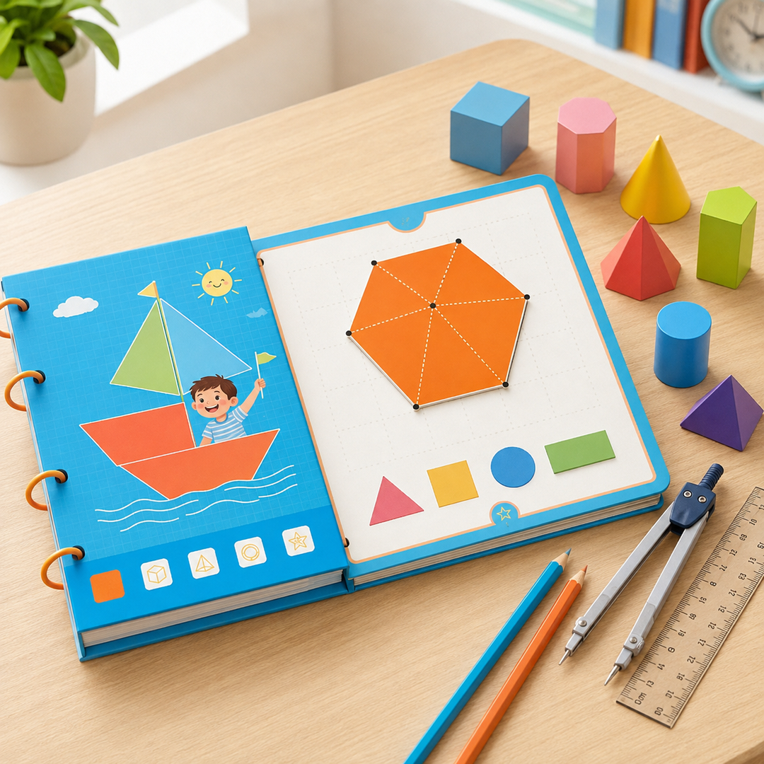 Interactive geometry learning book for children, featuring colorful shapes & math concepts for educational play.