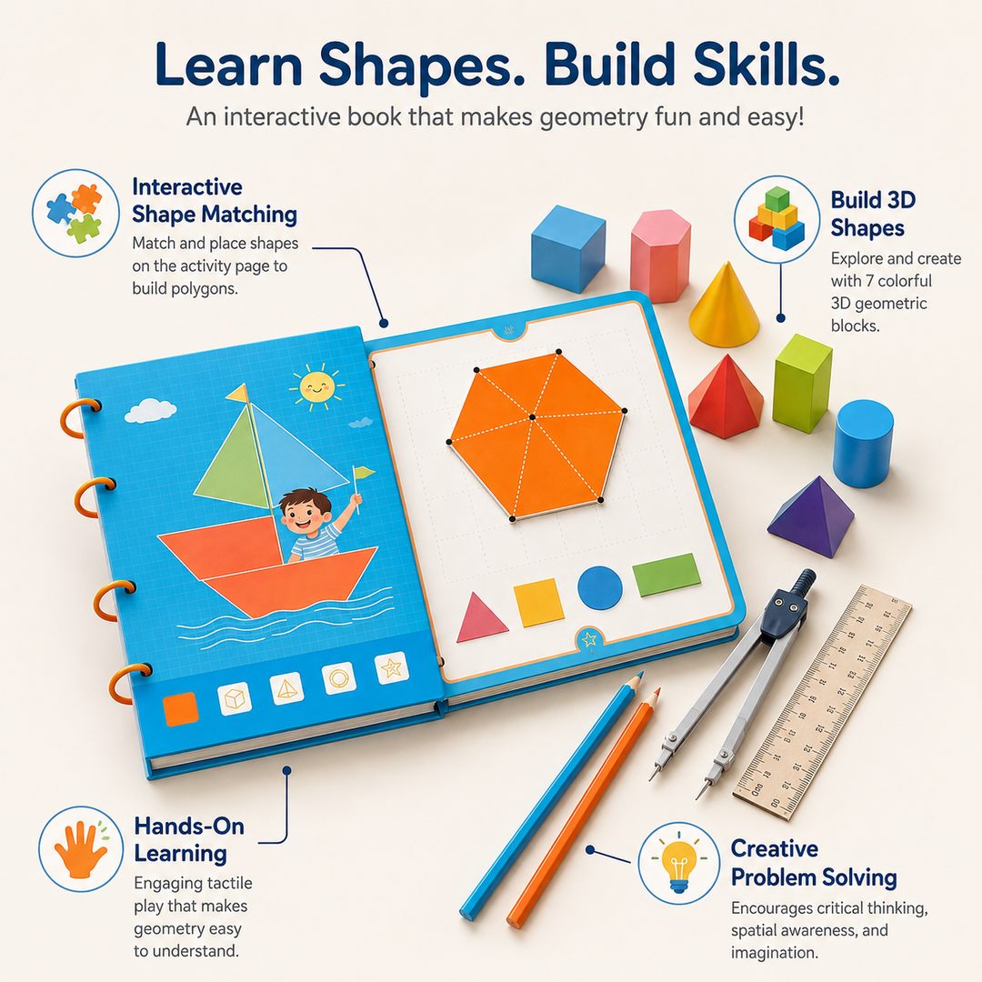 Educational geometry learning book for kids, teaching basic shapes and spatial reasoning with interactive elements.