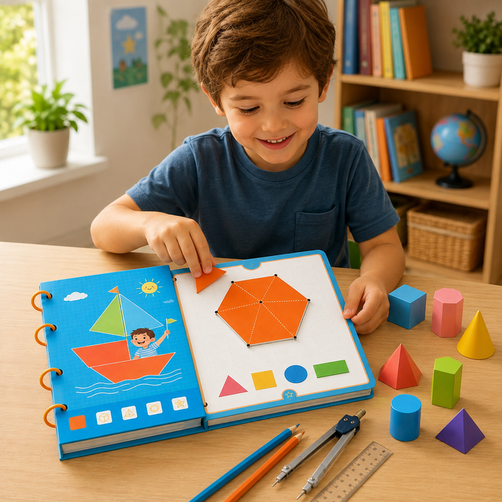 Kids' interactive geometry book with vibrant shapes & puzzles, a fun educational toy for early math learning.