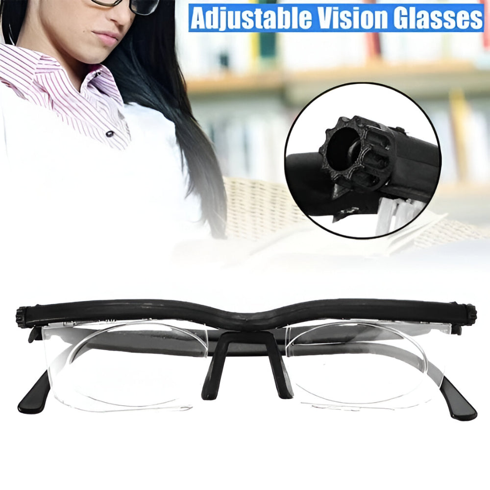 Unisex multi-distance adjustable focus reading & driving glasses made with impact-resistant polycarbonate.