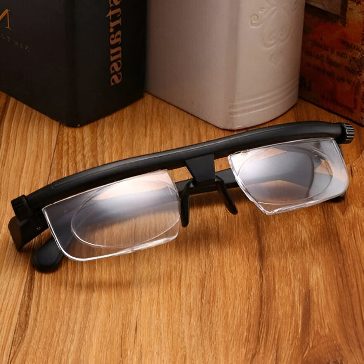 Durable polycarbonate adjustable focus vision glasses for reading, driving, and general eye care.