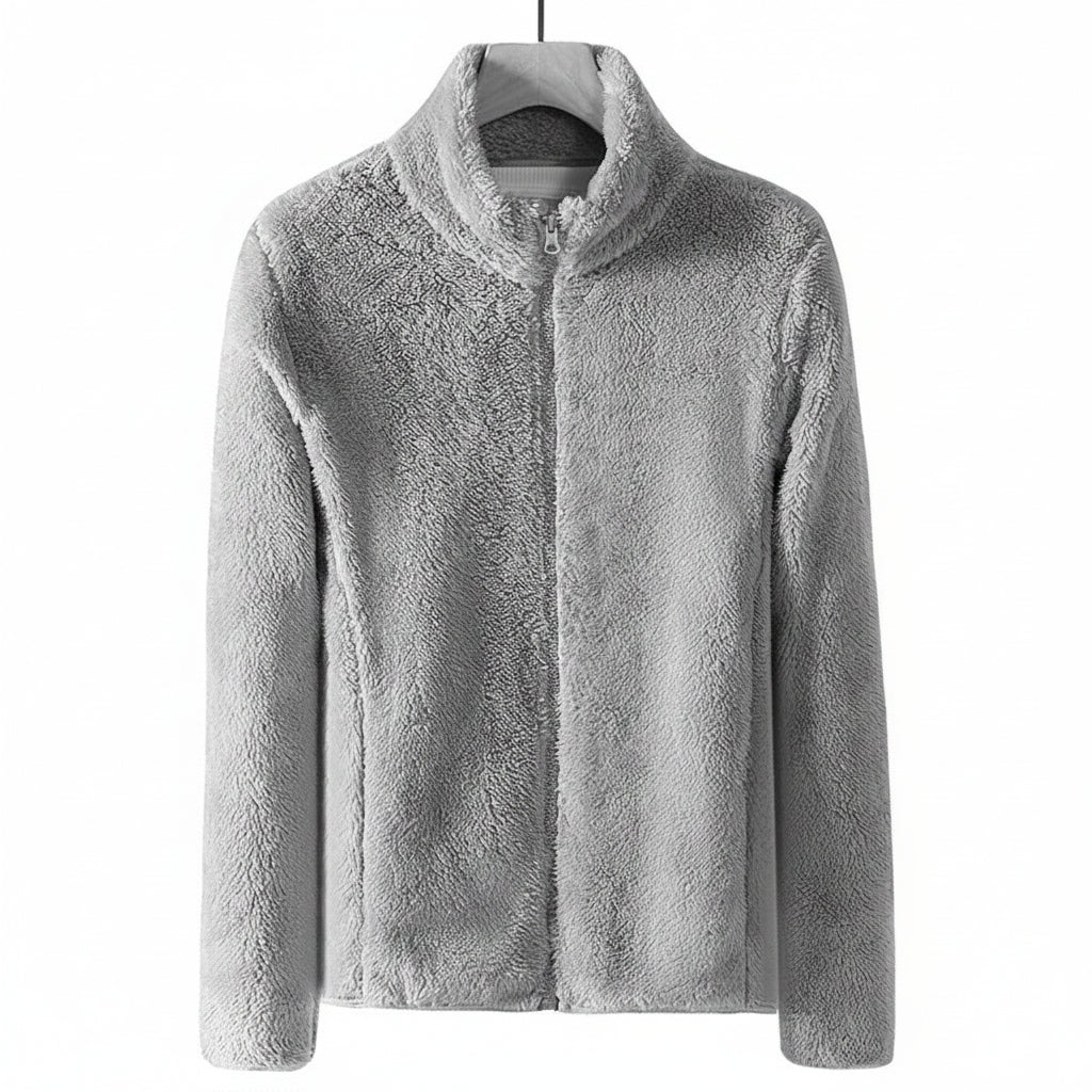Warm women's plush outerwear, a comfortable zip-up jacket for casual winter and fall layering.