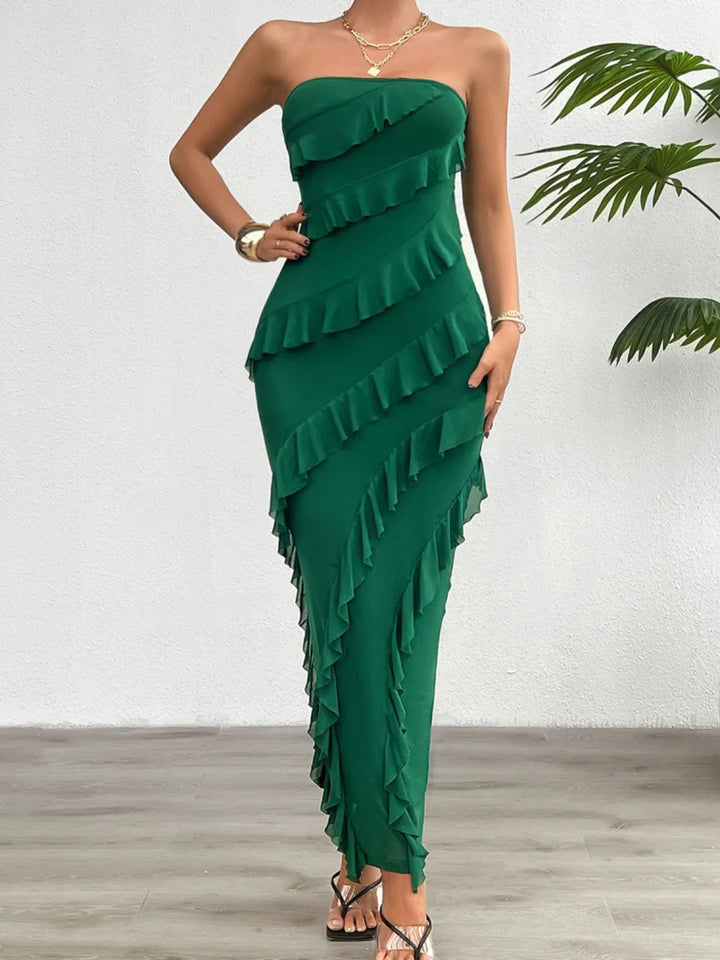 Elegant women's green strapless maxi dress with ruffle detail, perfect for summer parties & evening events.