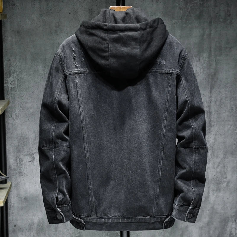 Durable men's button-front hooded jacket, excellent for everyday style and layering.