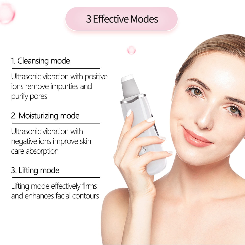 Electric ultrasonic facial scrubber. Ideal for deep cleansing, pore unclogging, exfoliation, & skin rejuvenation.