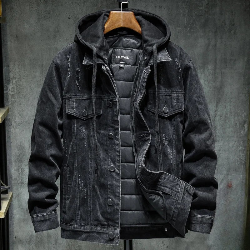 Versatile men's hooded outerwear with button-front, perfect for transitional seasons.