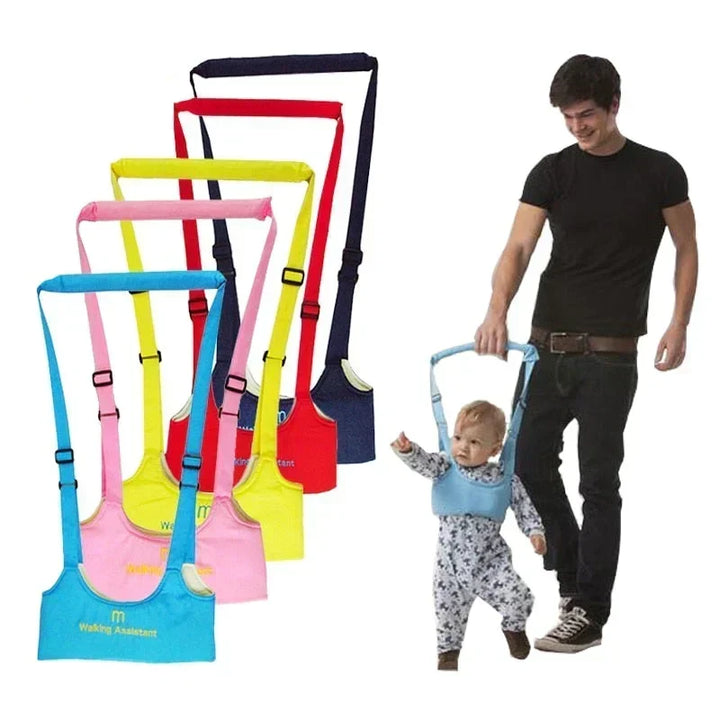 Child safety walking harness, ideal for baby's first steps. Breathable design, adjustable toddler support gear.