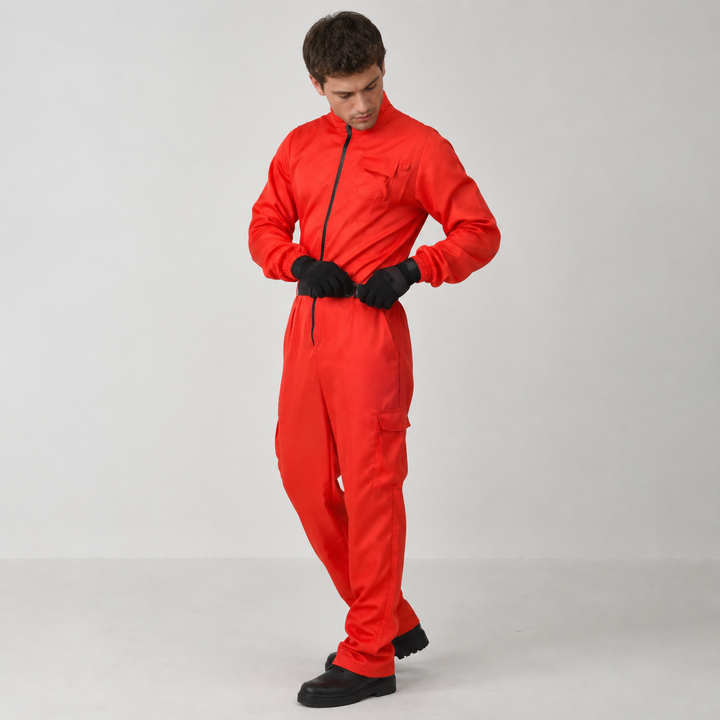 Unisex adult Halloween guard jumpsuit costume with mask, perfect for parties & cosplay events.