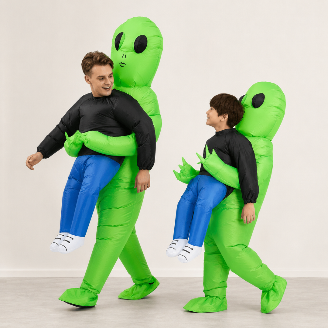 Unisex inflatable green alien costume for adults, perfect for Halloween parties and funny dress-up events.