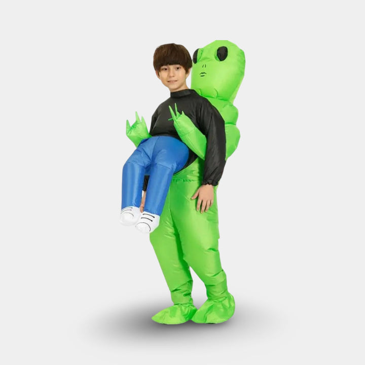 Group of friends wearing hilarious inflatable alien costumes, ready for a themed party or carnival.