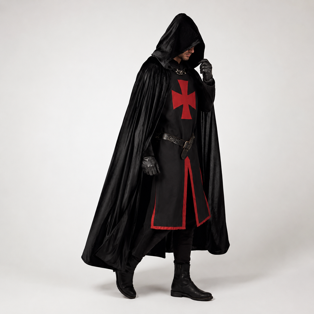 Men's Medieval Knight Halloween Costume with flowing cloak & tunic, perfect for historical cosplay.