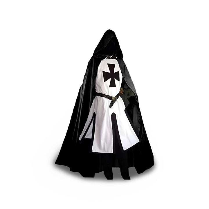 Historically inspired men's medieval knight costume, featuring a detailed tunic & grand cloak for Halloween.