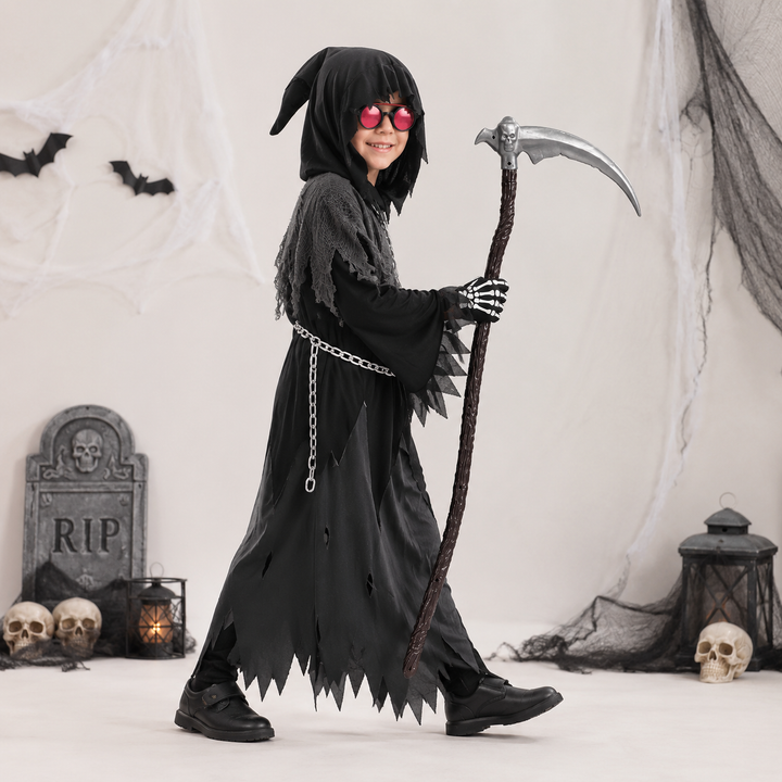 Full-length Grim Reaper robe: Kids' spooky Halloween costume featuring a black hooded cloak for dress-up.