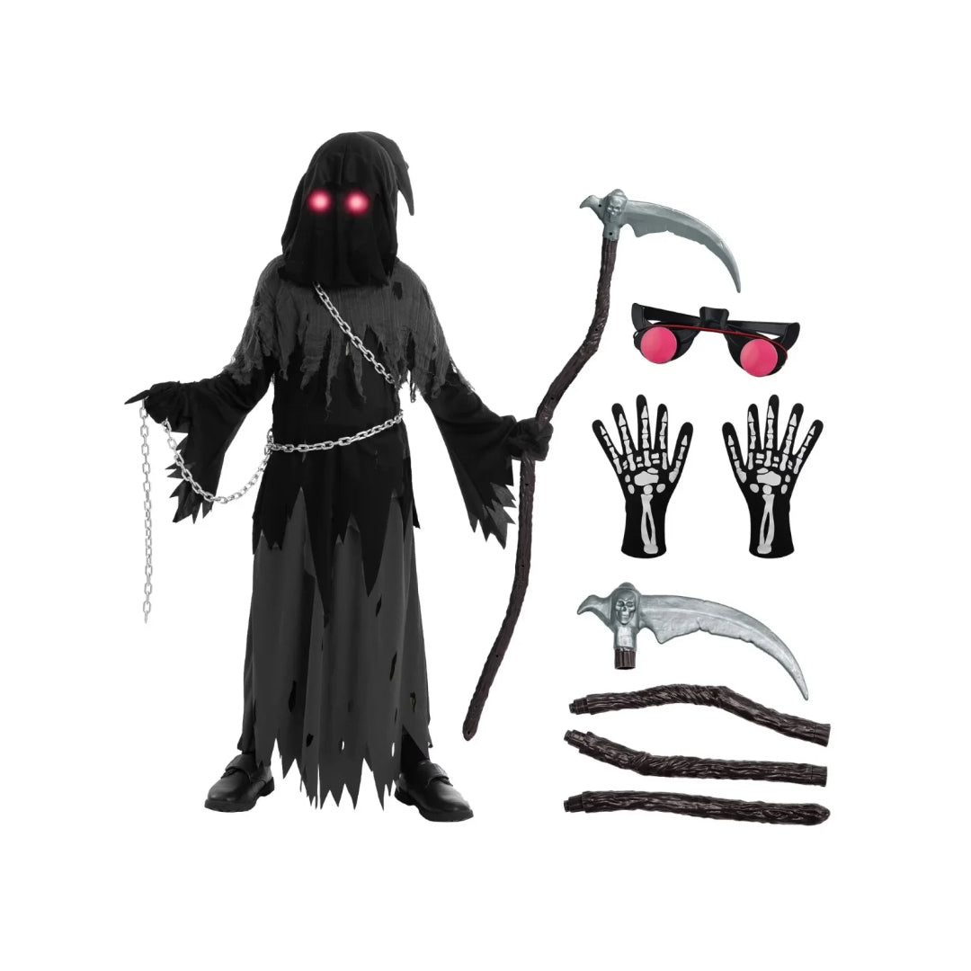 Child wearing Grim Reaper costume: A kids' hooded black robe, ideal for a scary Halloween party or play.
