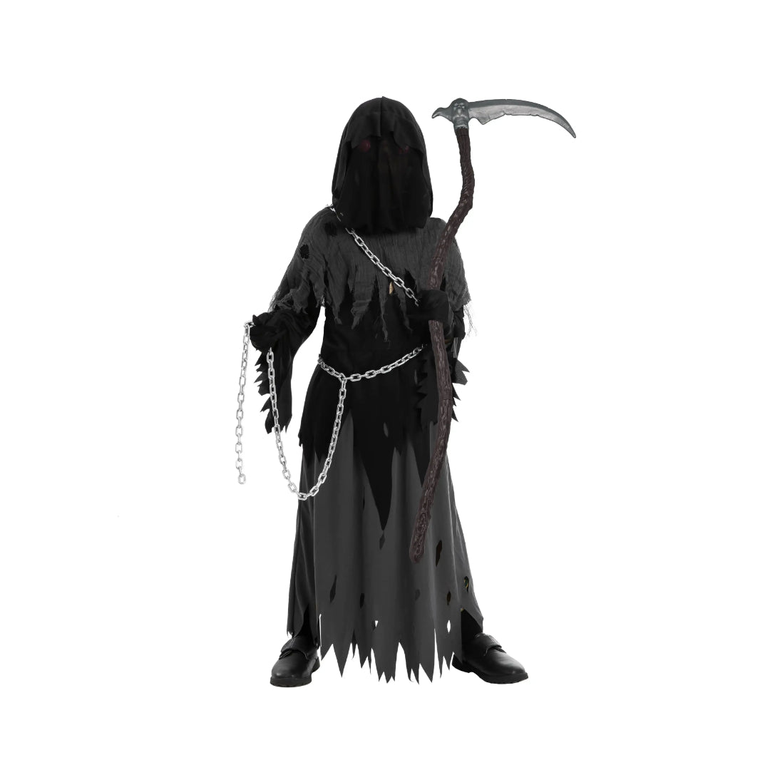 Kids' party Grim Reaper costume: Comfortable hooded black robe, designed for children's Halloween dress-up fun.