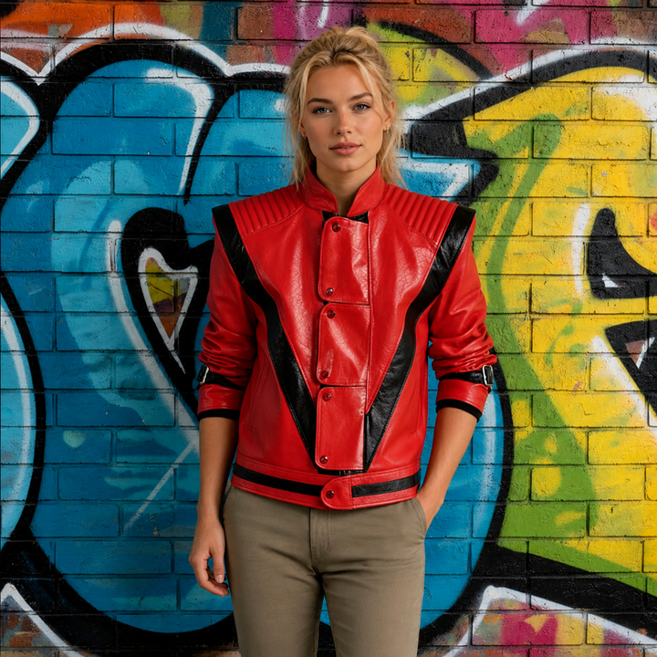 Red biker-style hooded zip-up jacket, ideal for Halloween costumes, cosplay events & stage wear.