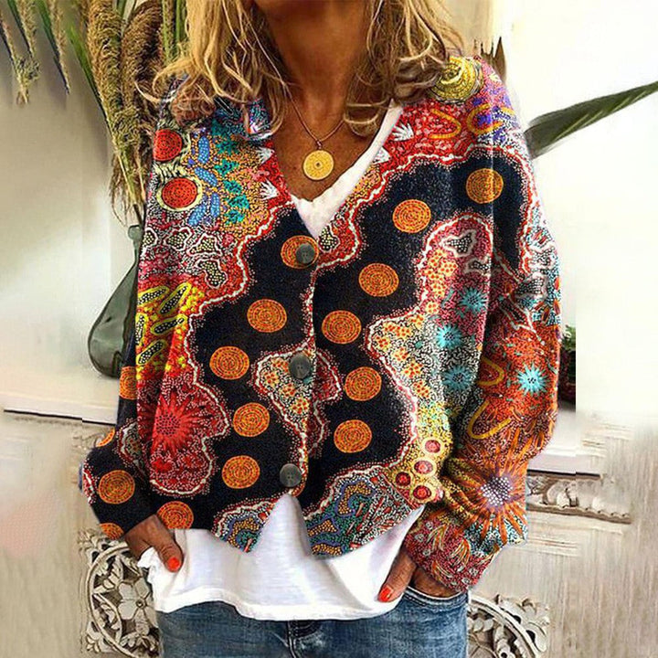 Women's vibrant boho knitted sweater, a chic & expressive top with unique design, perfect for fall casual outfits.