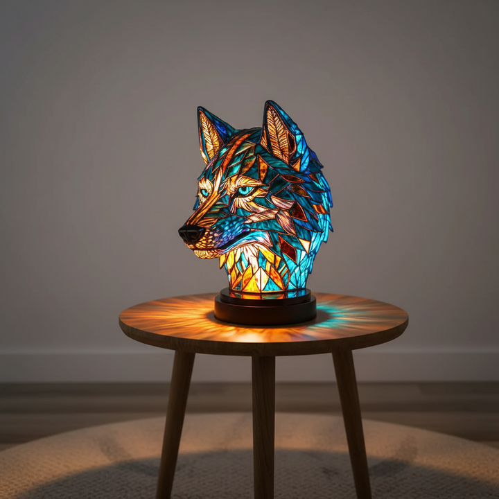 Handcrafted mosaic animal head table lamp, GleamPaw, unique home decor lighting.