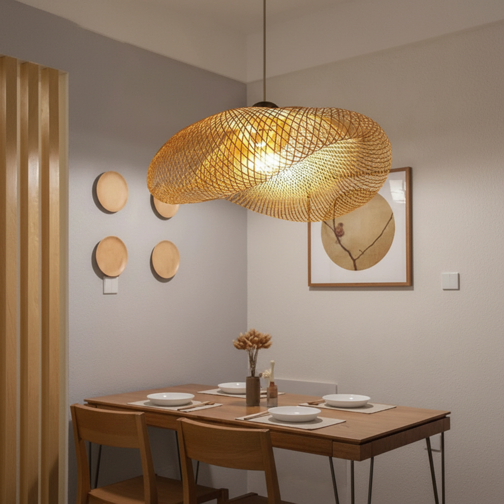 Handwoven rattan pendant light, perfect for natural home decor & bohemian style interiors.